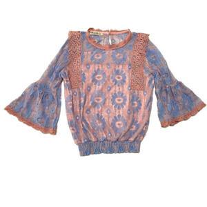 PINK and BLUE LACE BELL SLEEVES TOP -  Size Medium